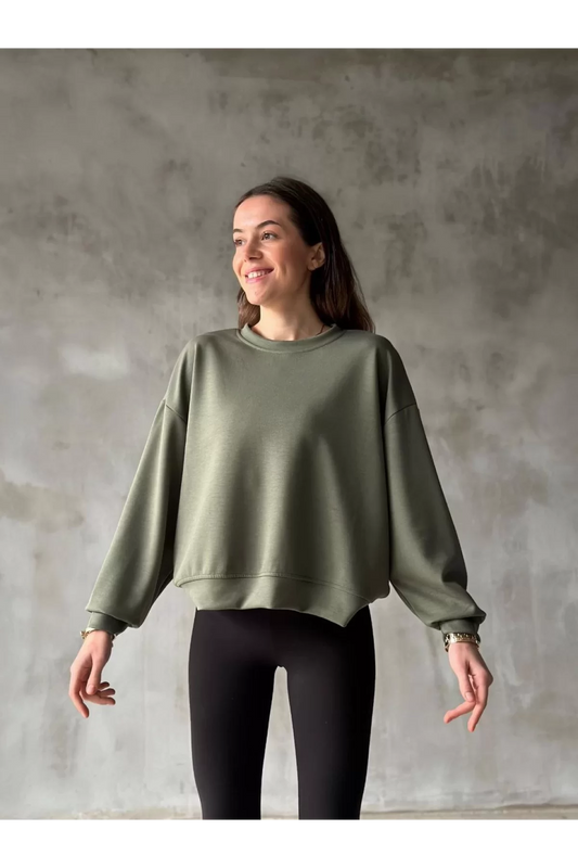 Modal Kumaş Bisiklet Yaka Sweatshirt - Haki