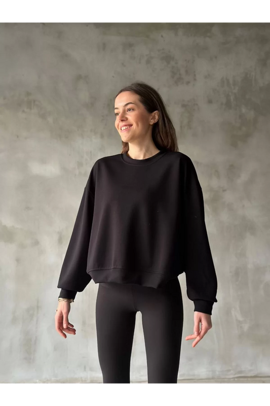 Modal Kumaş Bisiklet Yaka Sweatshirt - Siyah