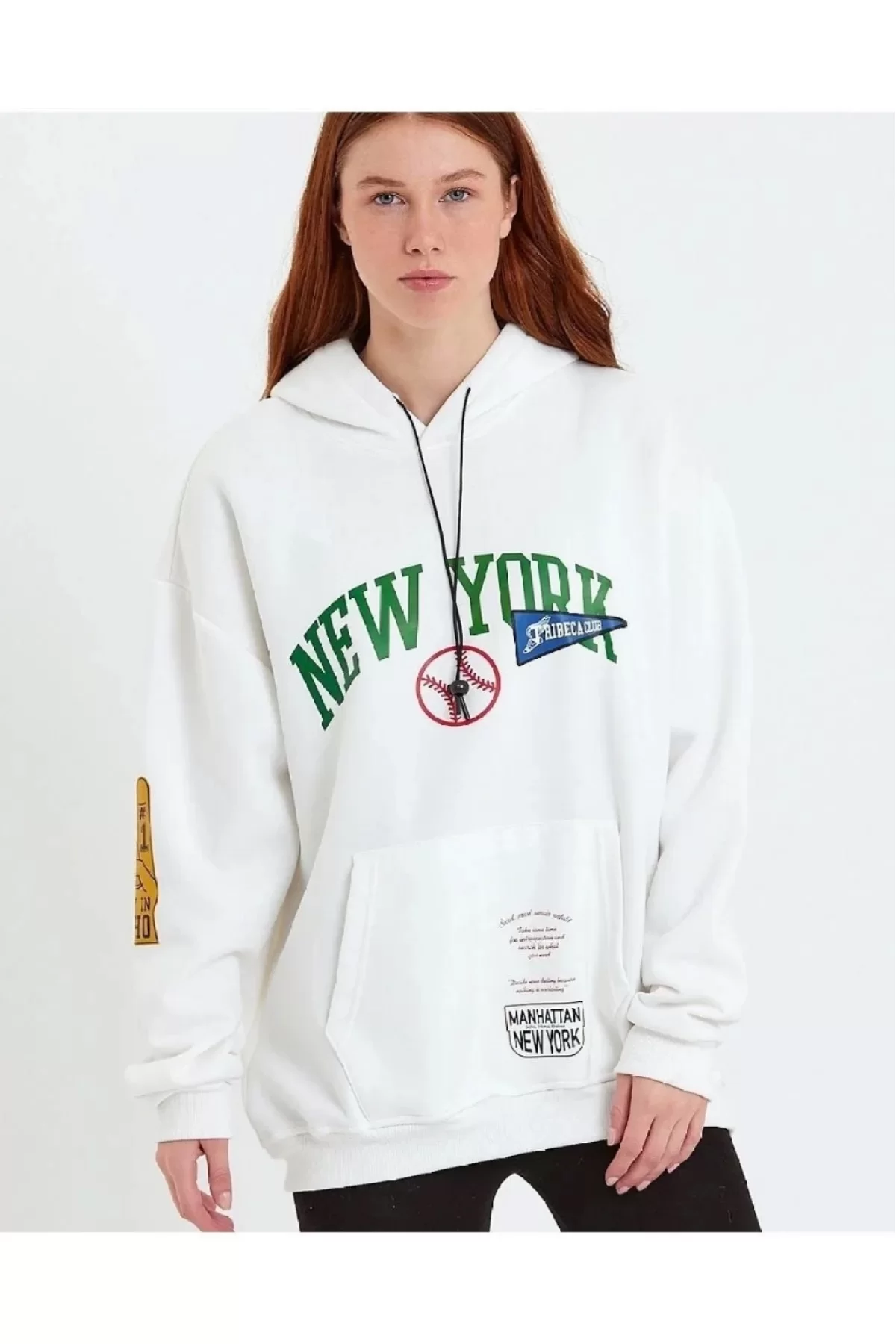 New York Baskılı Kapüşonlu Sweatshirt - Beyaz