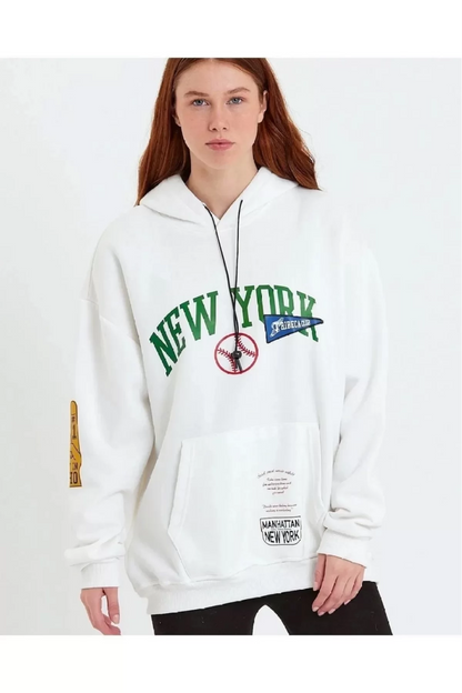 New York Baskılı Kapüşonlu Sweatshirt - Beyaz