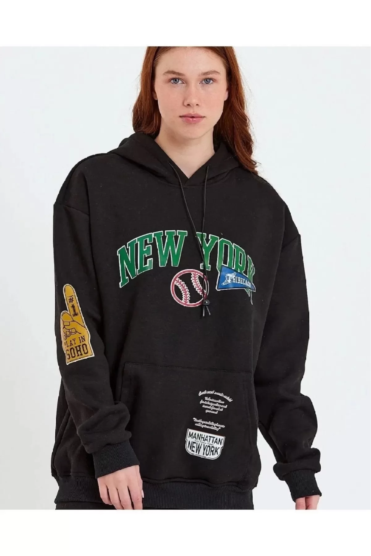 New York Baskılı Kapüşonlu Sweatshirt - Siyah