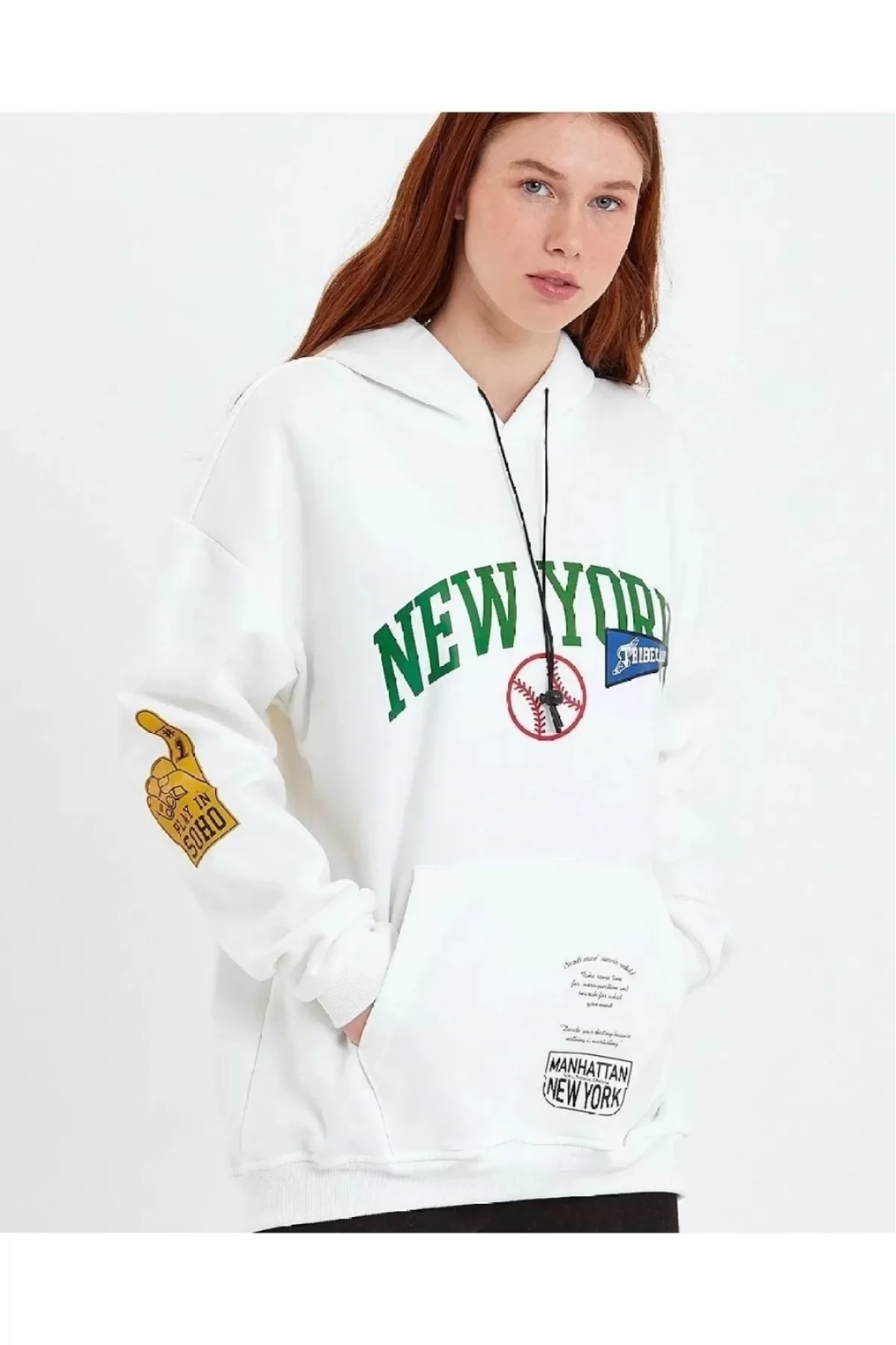 New York Baskılı Kapüşonlu Sweatshirt - Beyaz