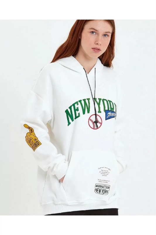 New York Baskılı Kapüşonlu Sweatshirt - Beyaz