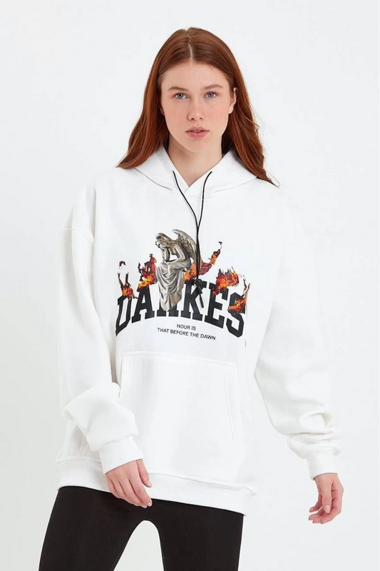 Üç İplik DANKES Baskılı Kapüşonlu Sweatshirt - Beyaz