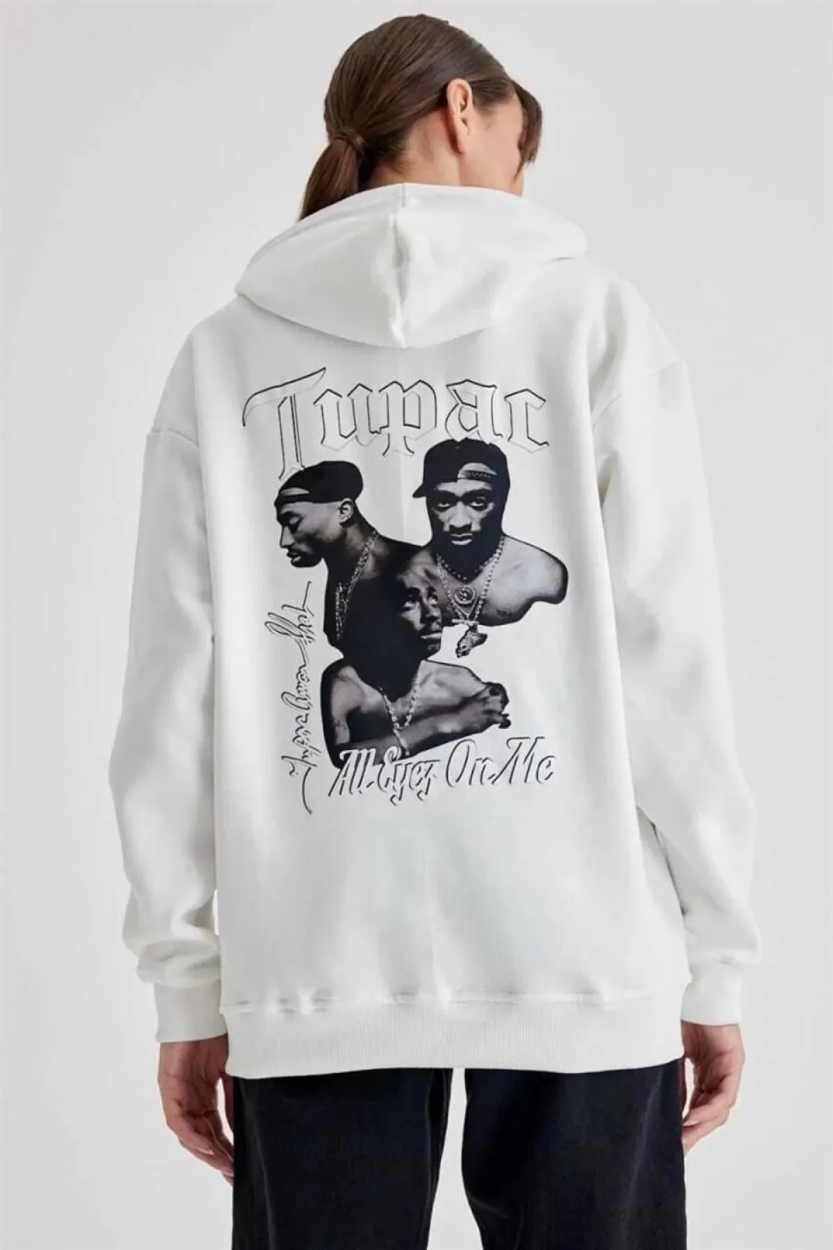 3 İplik TUPAC Baskılı Kapüşonlu Sweatshirt - Beyaz