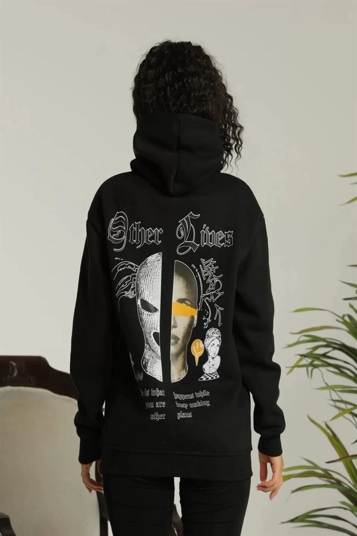 3 İplik Other Lives Baskılı Kapüşonlu Sweatshirt - Siyah