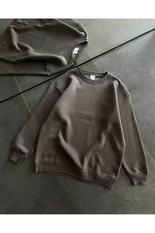 3 İplik Basic Bisiklet Yaka Sweatshirt - Füme