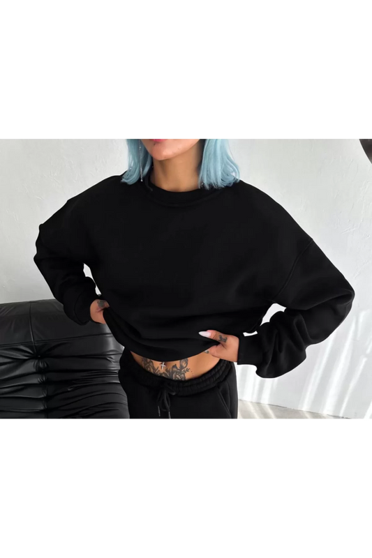 3 İplik Basic Bisiklet Yaka Sweatshirt - Siyah