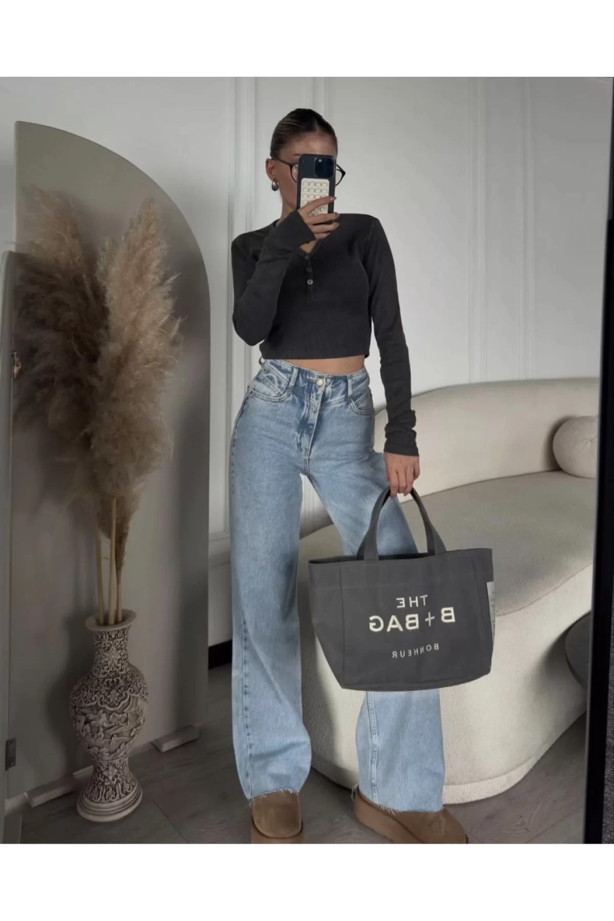 Düğme Detaylı Jeans Kot Yıkamalı Crop - Füme