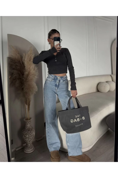 Düğme Detaylı Jeans Kot Yıkamalı Crop - Füme