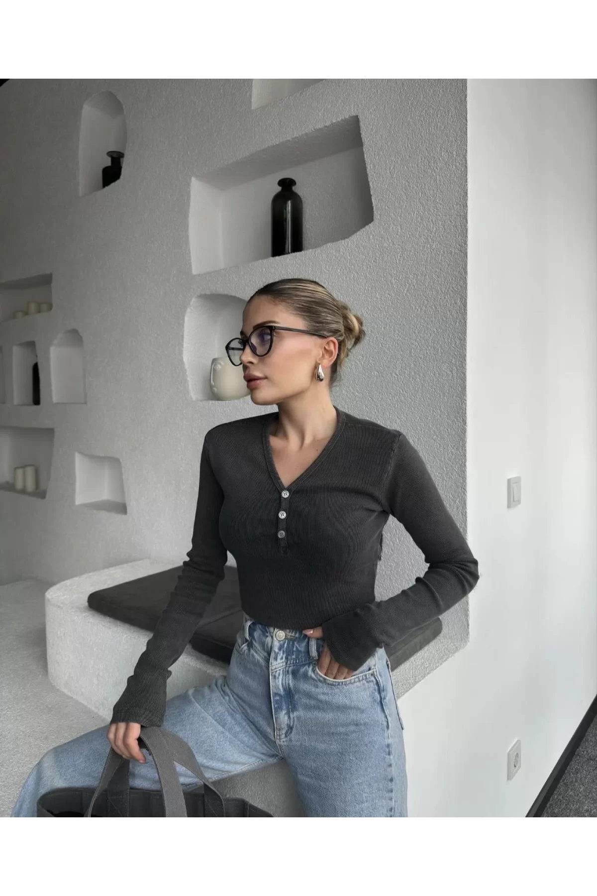 Düğme Detaylı Jeans Kot Yıkamalı Crop - Füme